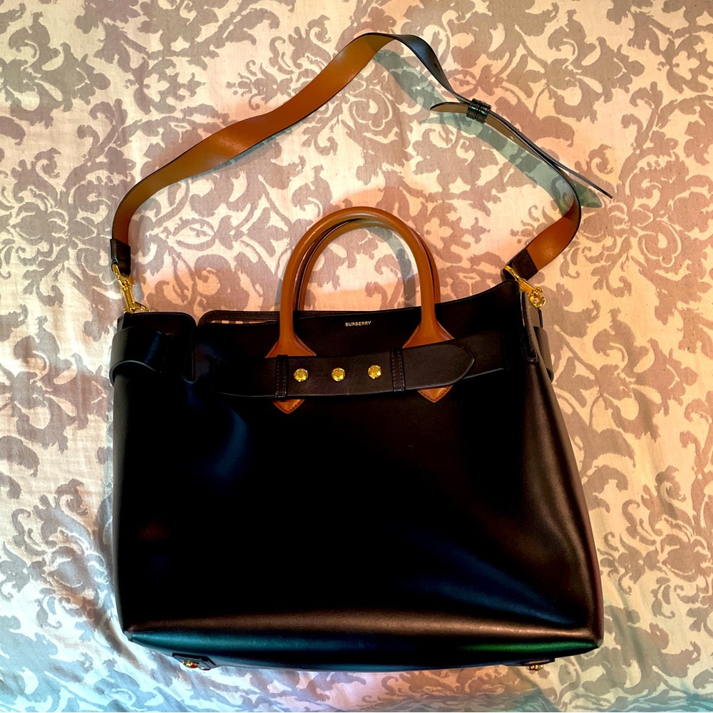 Burberry Black Leather Tote with Tan Handles and Strap Accents